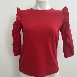 Zara Trafaluc Red Ruffle Blouse top 3/4 Sleeve SMALL